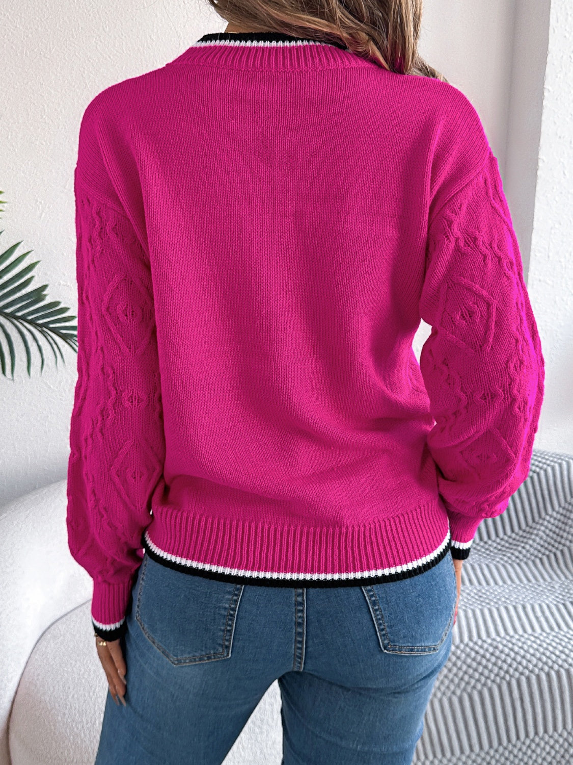 Contrast Trim Round Neck Long Sleeve Sweater - T - 3 COLORS -