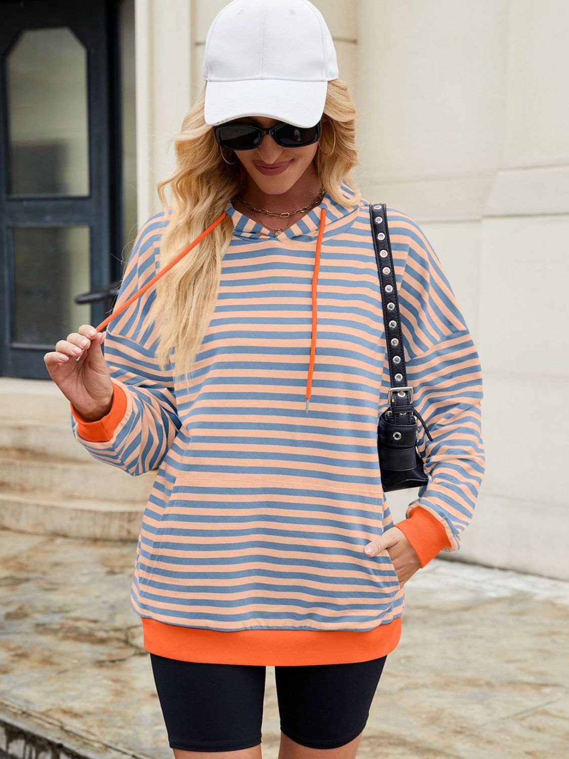 Drawstring Contrast Striped Long Sleeve Hoodie - T - 5 COLORS -