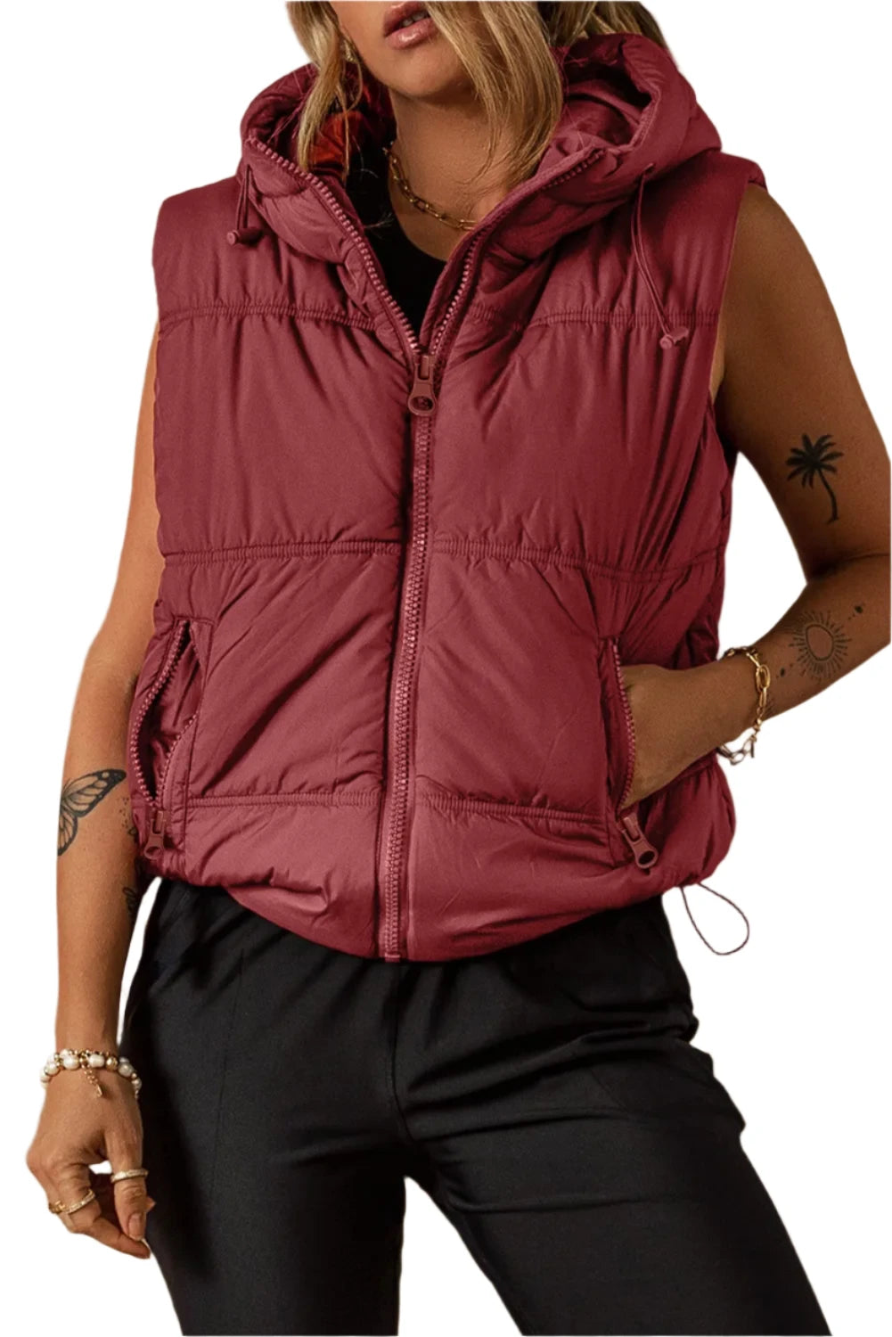 Drawstring Zip Up Vest Coat - T - 1 COLOR -