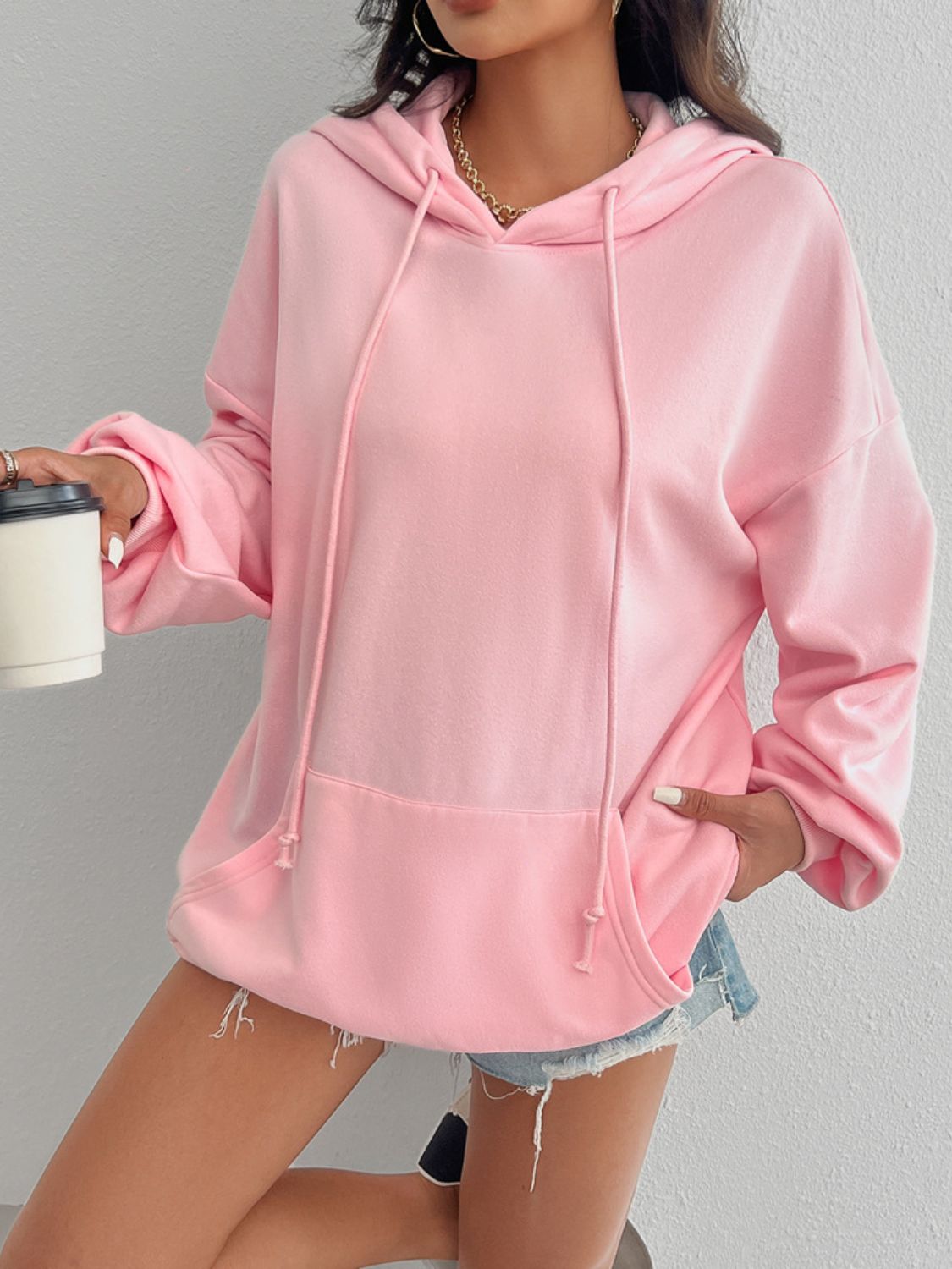 Devine Drawstring Long Sleeve Hoodie - T - 1 COLOR -