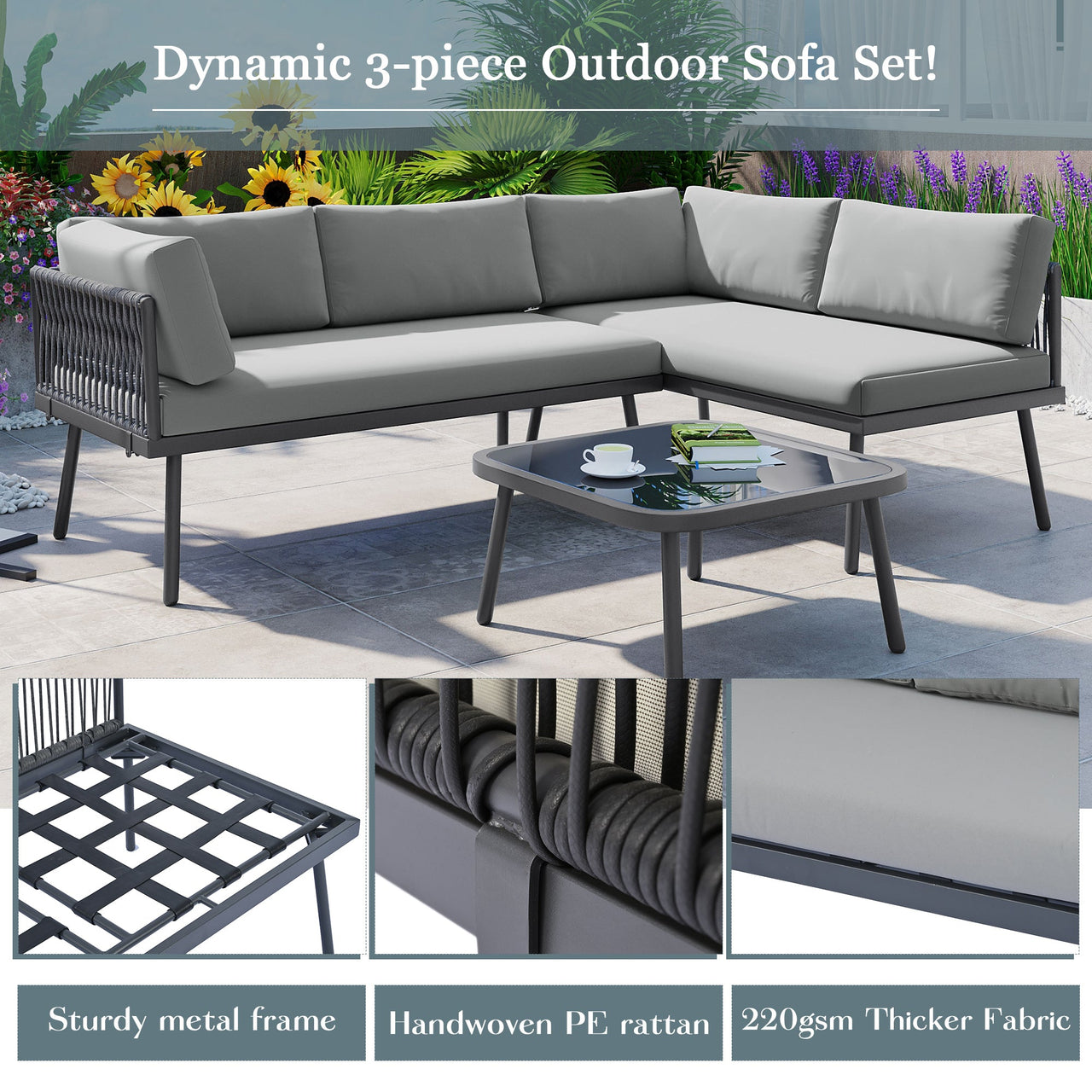 Modern Outdoor 3-Piece PE Rattan Sofa Set All Weather Patio Metal Sectional Furniture Set With Cushions and Glass Table