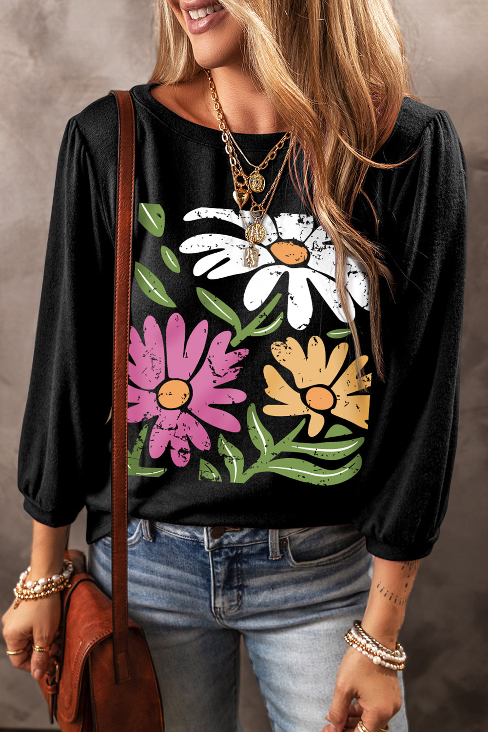 Flower Graphic Round Neck Long Sleeve Top - T - 1 COLOR -