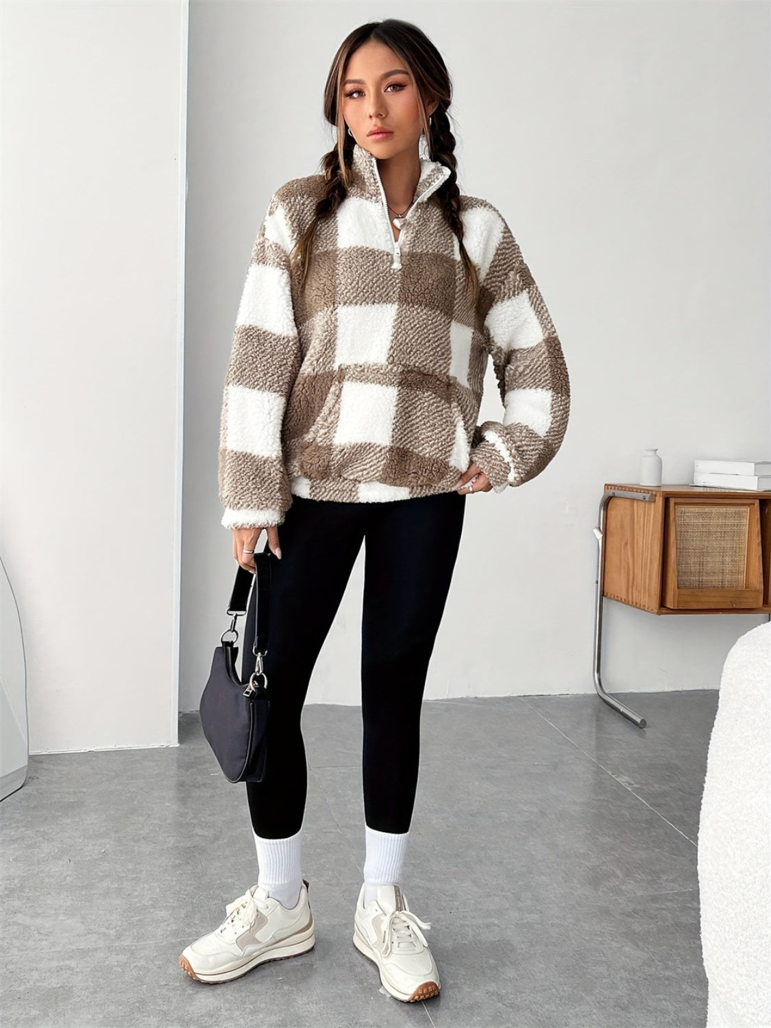 Plaid Half Zip Long Sleeve Teddy Sweatshirt - T - 1 COLOR -