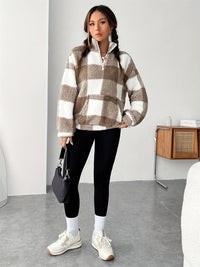 Thumbnail for Plaid Half Zip Long Sleeve Teddy Sweatshirt - T - 1 COLOR -