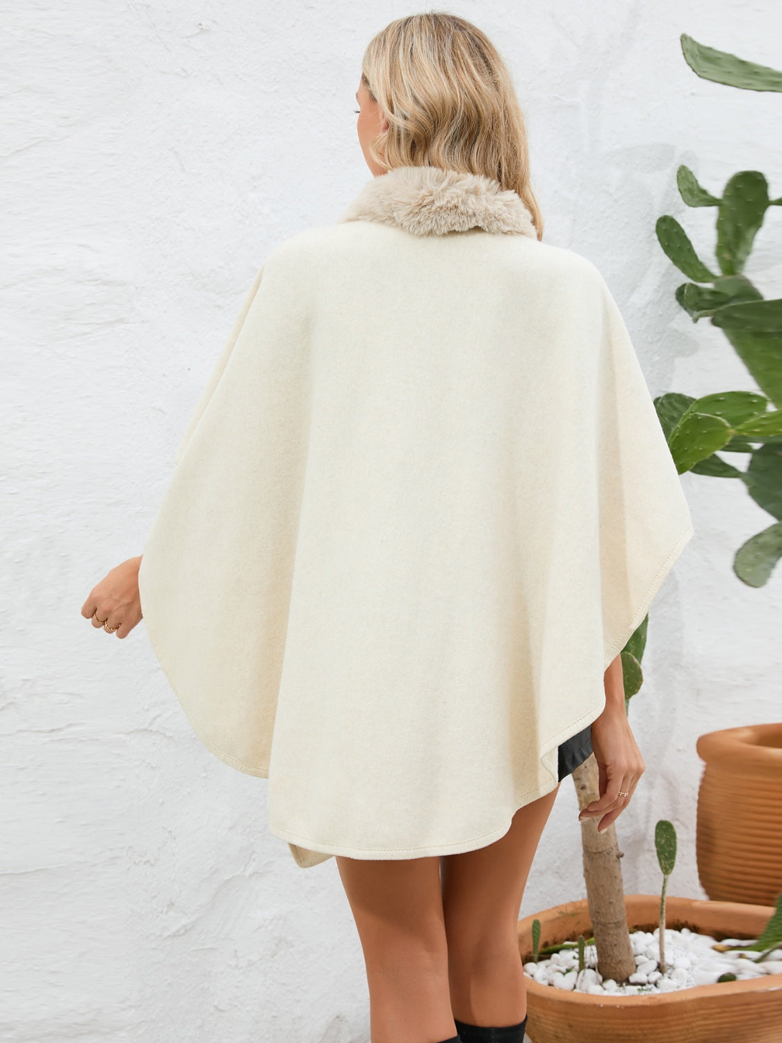 Fuzzy Trim Open Front Poncho - ONE SIZE - T - 6 COLORS -