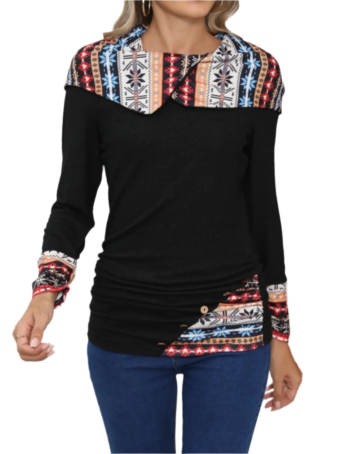 Printed Collared Neck Long Sleeve Blouse - T - 1 COLOR -