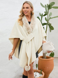 Thumbnail for Fuzzy Trim Open Front Poncho - ONE SIZE - T - 6 COLORS -