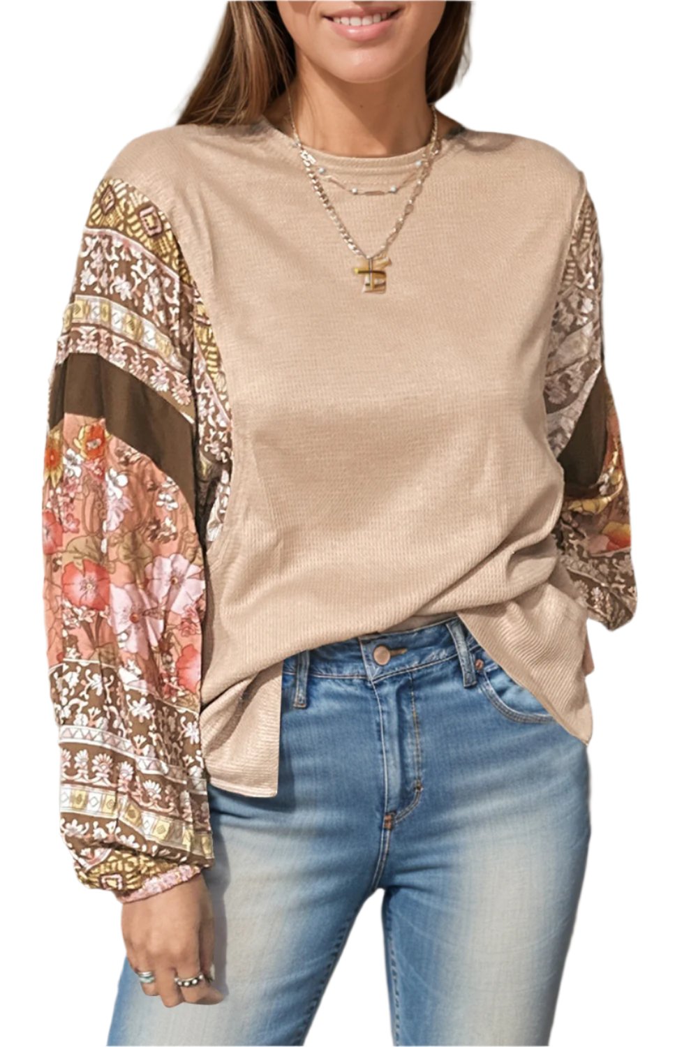 Printed Round Neck Long Sleeve Top - T - 1 COLOR -