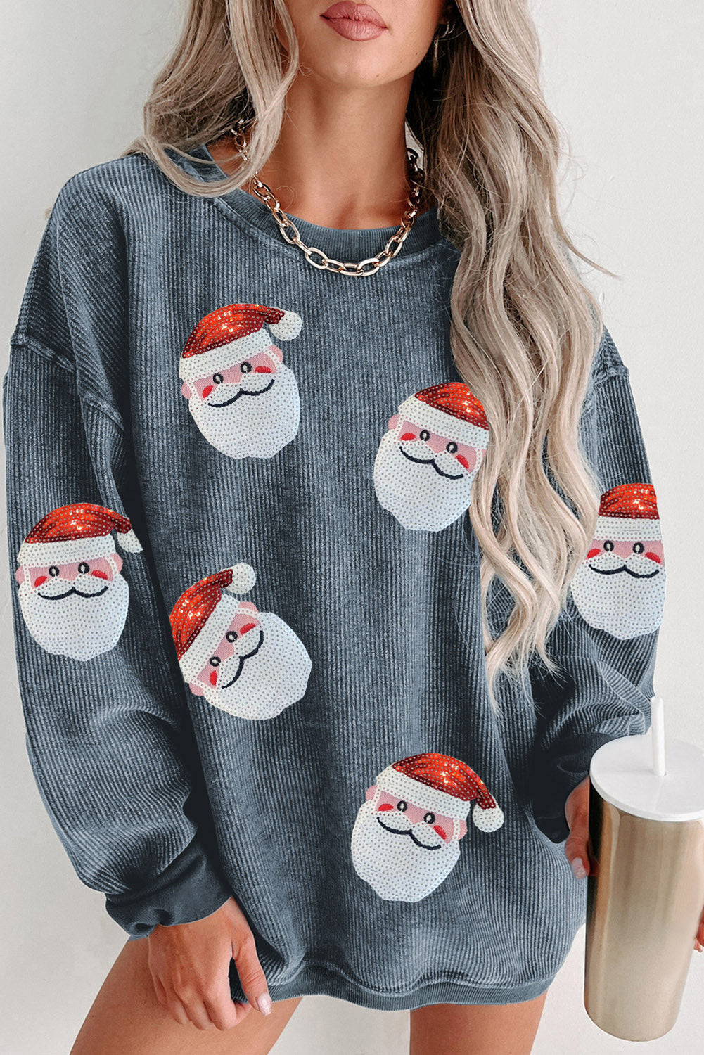 Sequin Santa Patch Ribbed Sweatshirt - T - 2 COLORS -