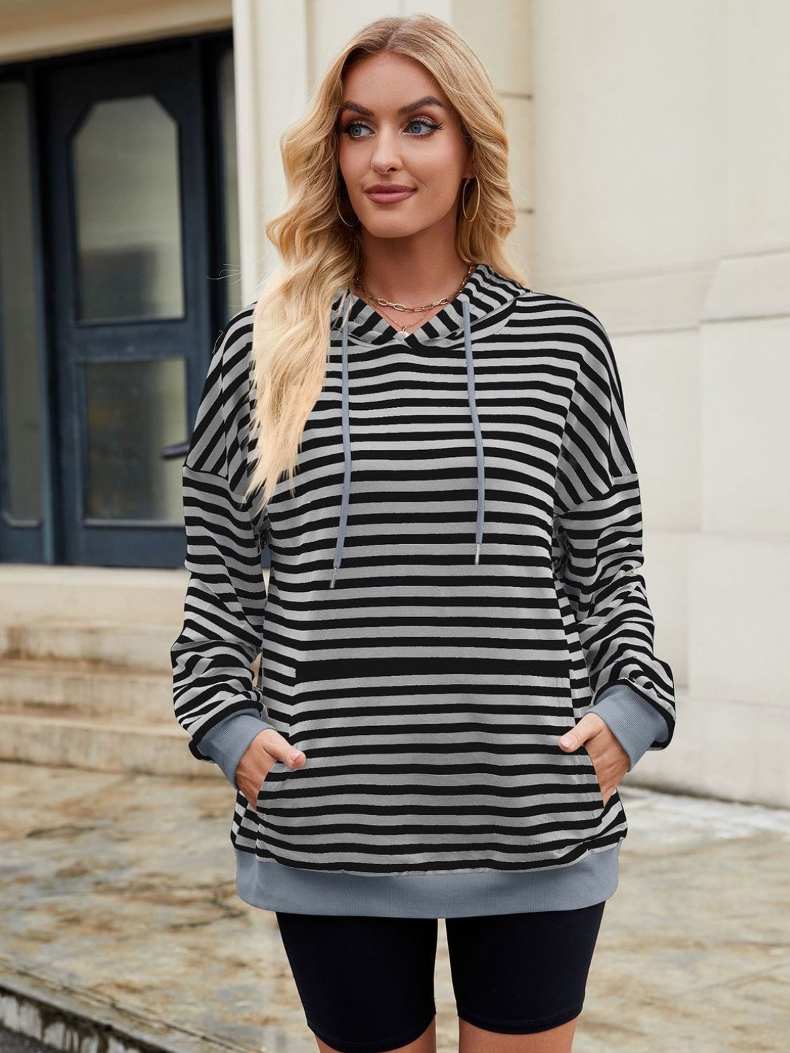 Drawstring Contrast Striped Long Sleeve Hoodie - T - 5 COLORS -