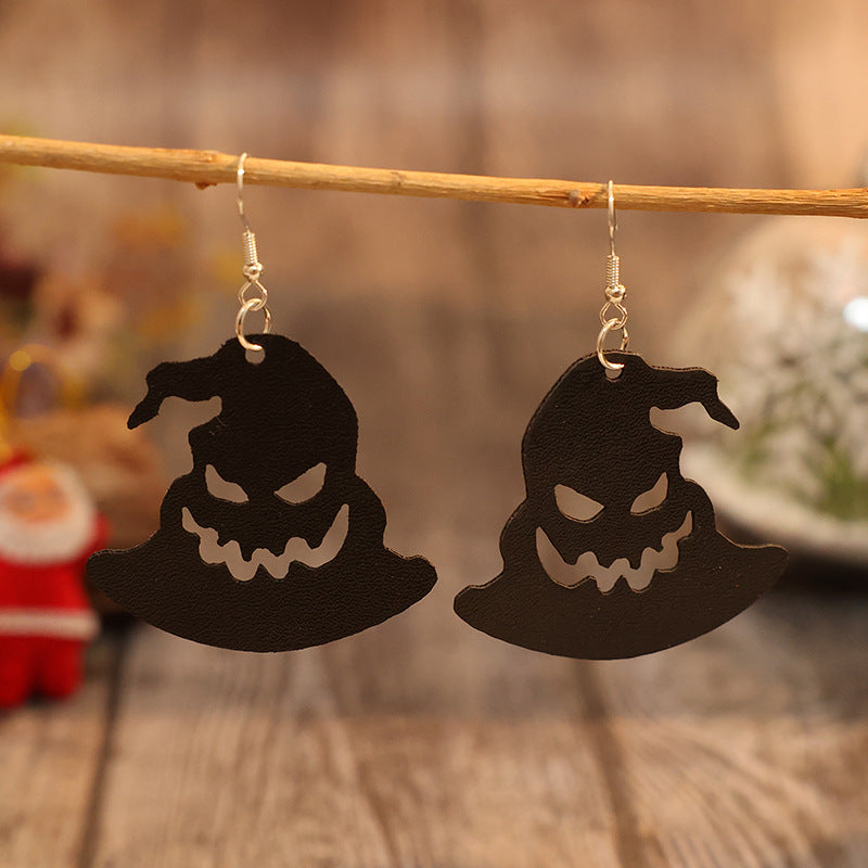 Faux Leather - pumpkin face Hat Shape Earrings - 1 COLOR -