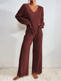 Thumbnail for V-Neck Long Sleeve Top and Pants Set - 2 PCS. - T - 7 COLORS -