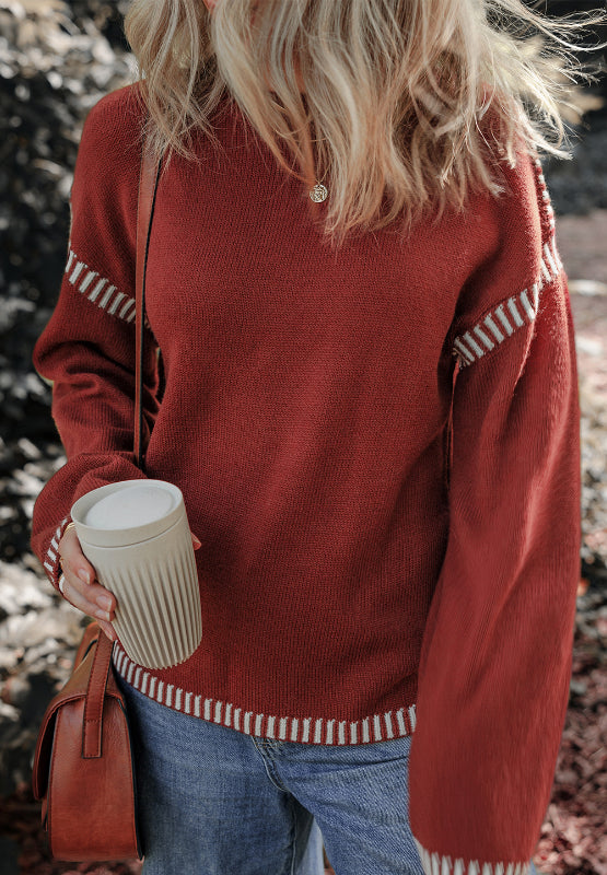 Striped Detail Round Neck Dropped Shoulder Sweater - T - 1 COLOR -