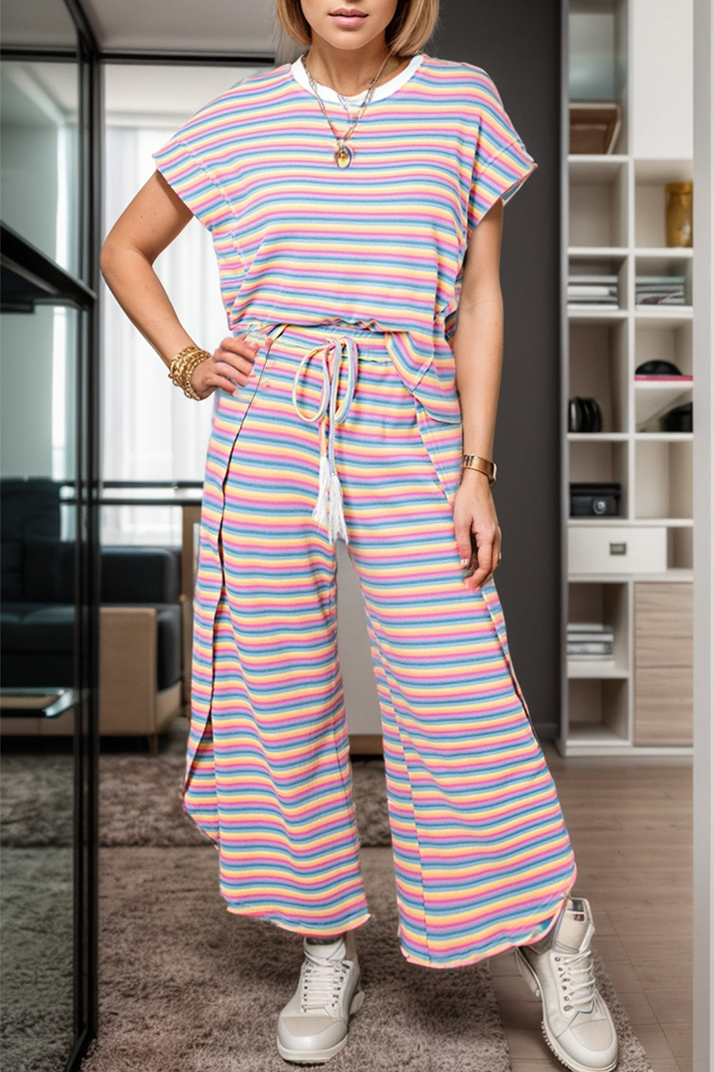 Striped Round Neck Top and Drawstring Pants Set - 2 PCS. - T - 3 COLORS -