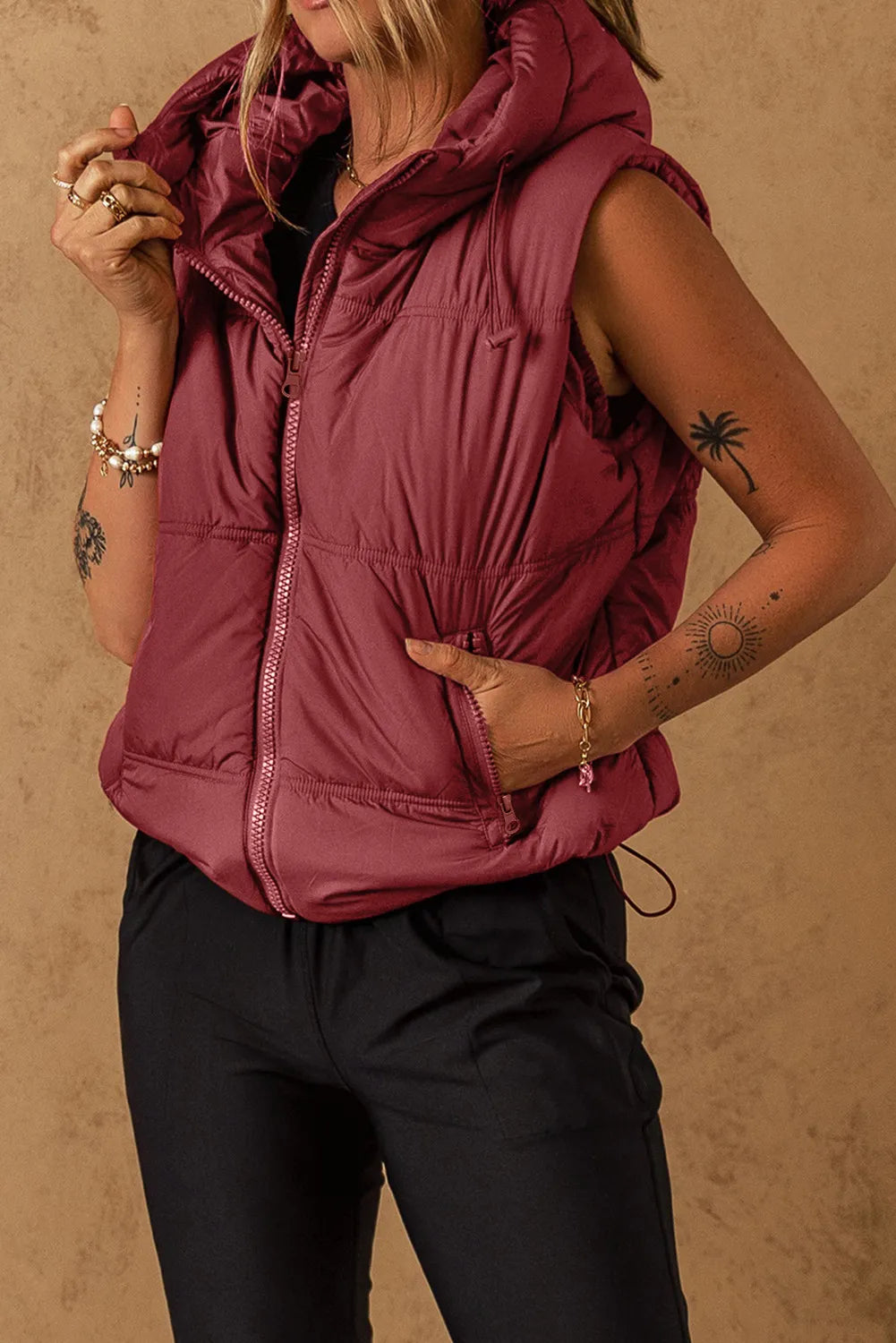 Drawstring Zip Up Vest Coat - T - 1 COLOR -