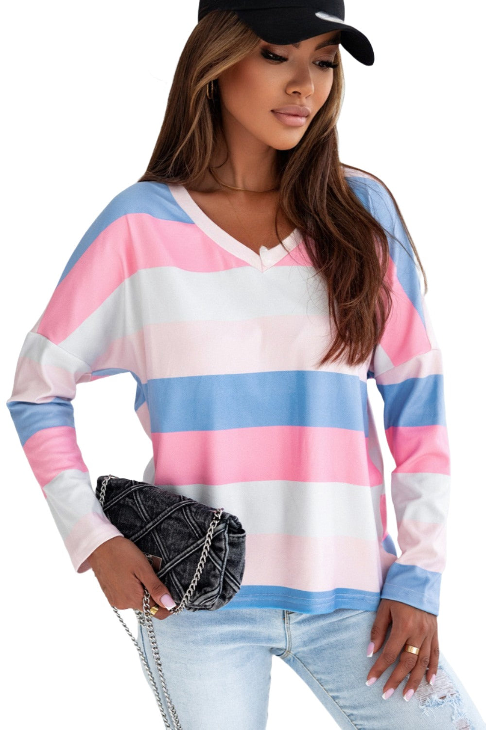 Color Block V-Neck Long Sleeve T-Shirt - T - 1 COLOR -