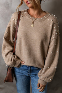 Thumbnail for Pearl Detail Round Neck Long Sleeve Sweater - T - 4 COLORS -