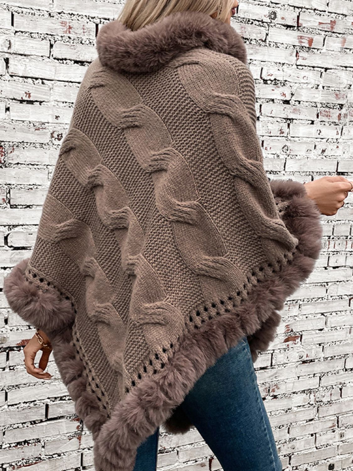 Fuzzy Hem Cable-Knit Poncho - 1 SIZE - T - 6 COLORS -