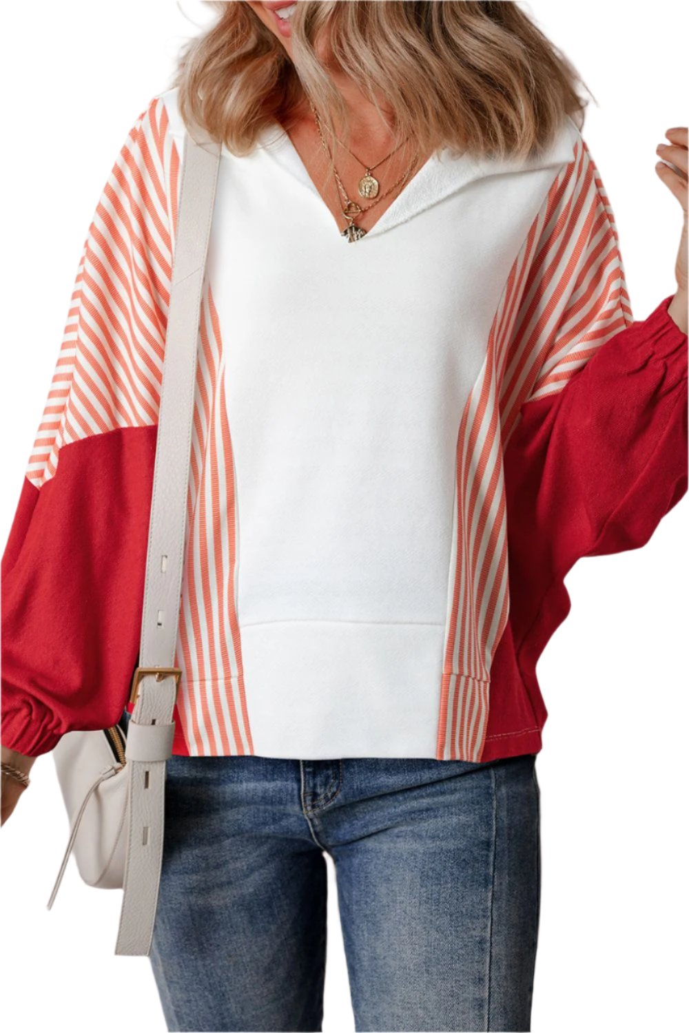 Striped Johnny Collar Long Sleeve Sweatshirt - T - 1 COLOR -