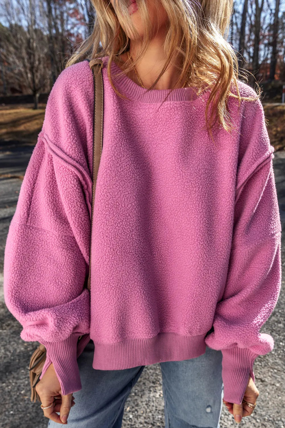 Slit Round Neck Long Sleeve Sweatshirt - T - 1 COLOR -