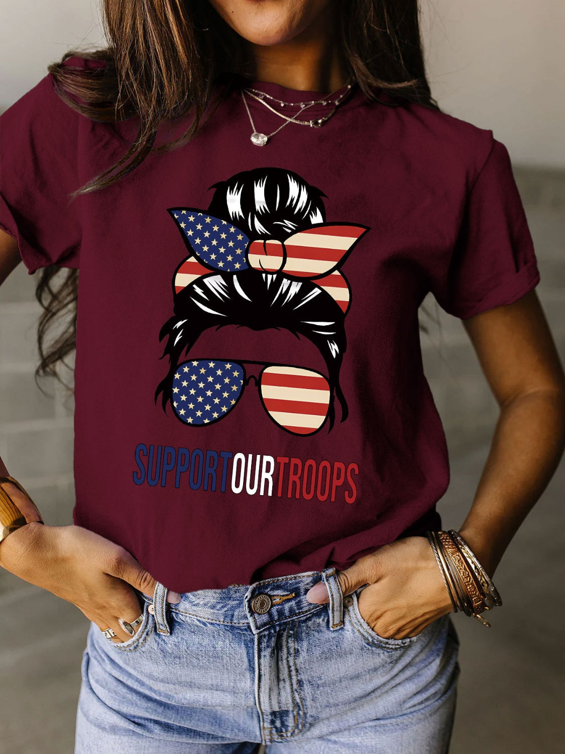 Support Our Troops Full Size Graphic Round Neck Short Sleeve T-Shirt - T - 9 COLORS -