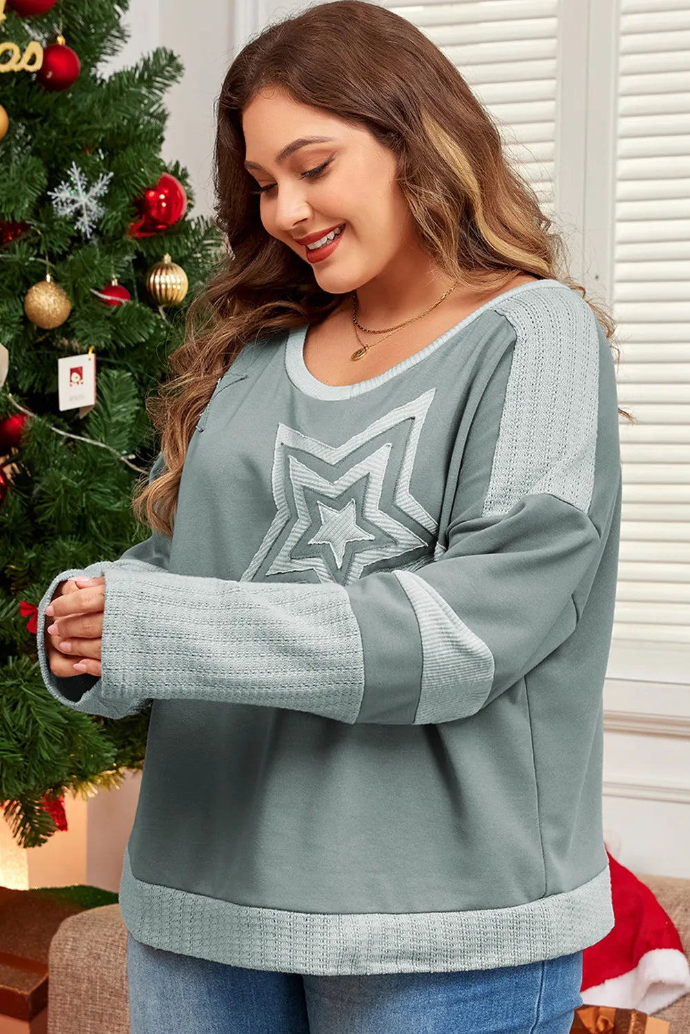 Plus Size Star Round Neck Long Sleeve Top - SIZES 1XL THRU 3XL ONLY - 1 COLOR -