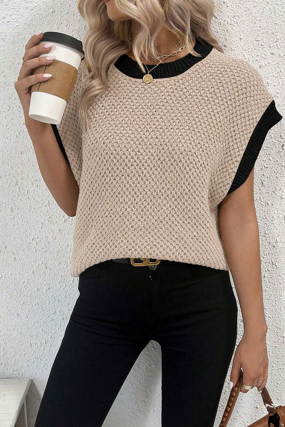 Contrast Round Neck Cap Sleeve Knit Top - T - 1 COLOR -