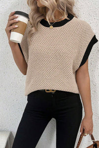 Thumbnail for Contrast Round Neck Cap Sleeve Knit Top - T - 1 COLOR -