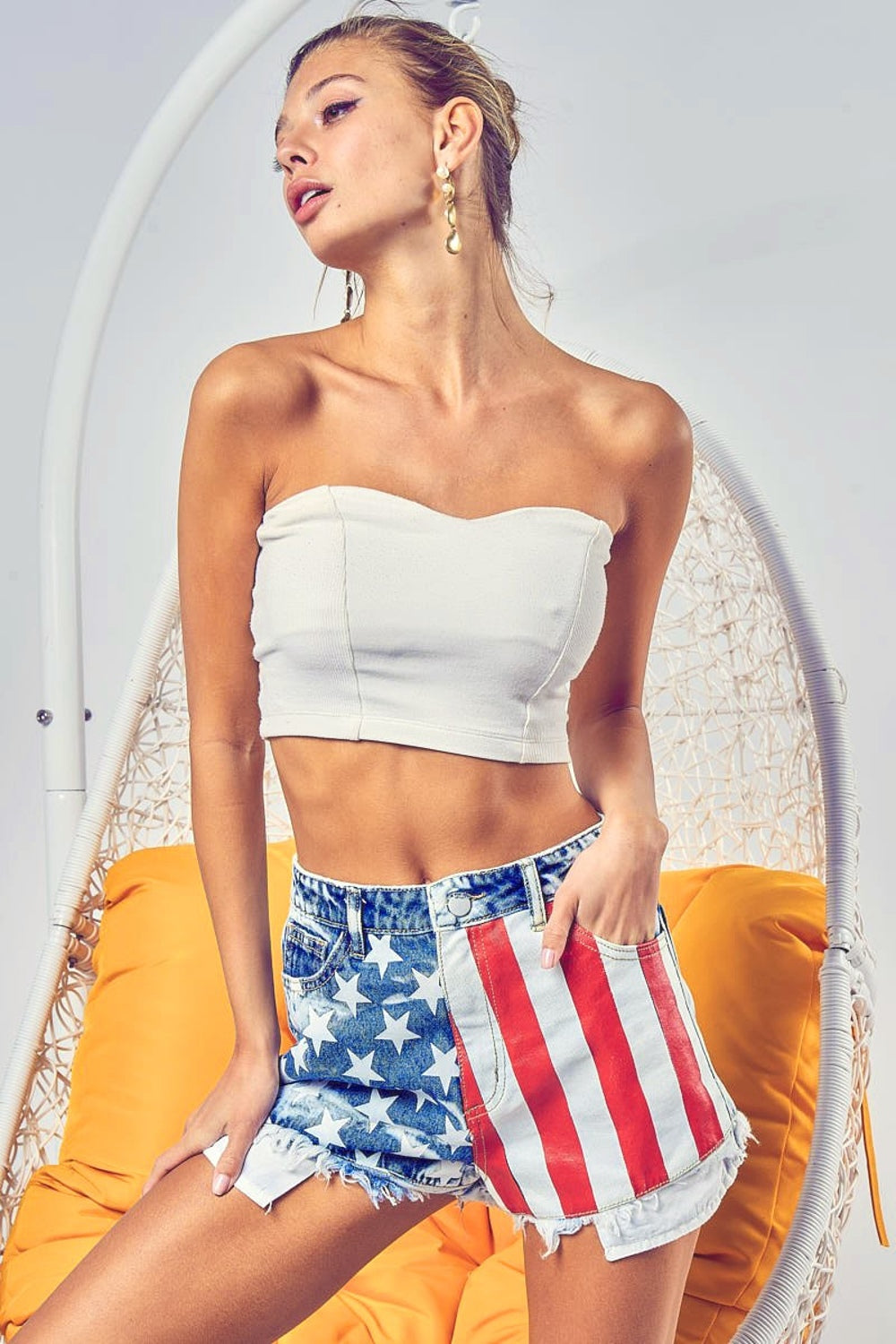 BiBi US Flag Theme Bleached Denim Shorts - T - 1 COLOR -