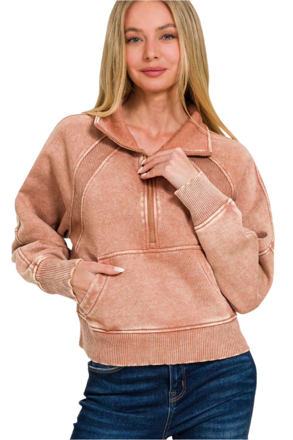 Zenana Acid Washed Half Zip Fleece Sweatshirt - T - 1 COLOR -