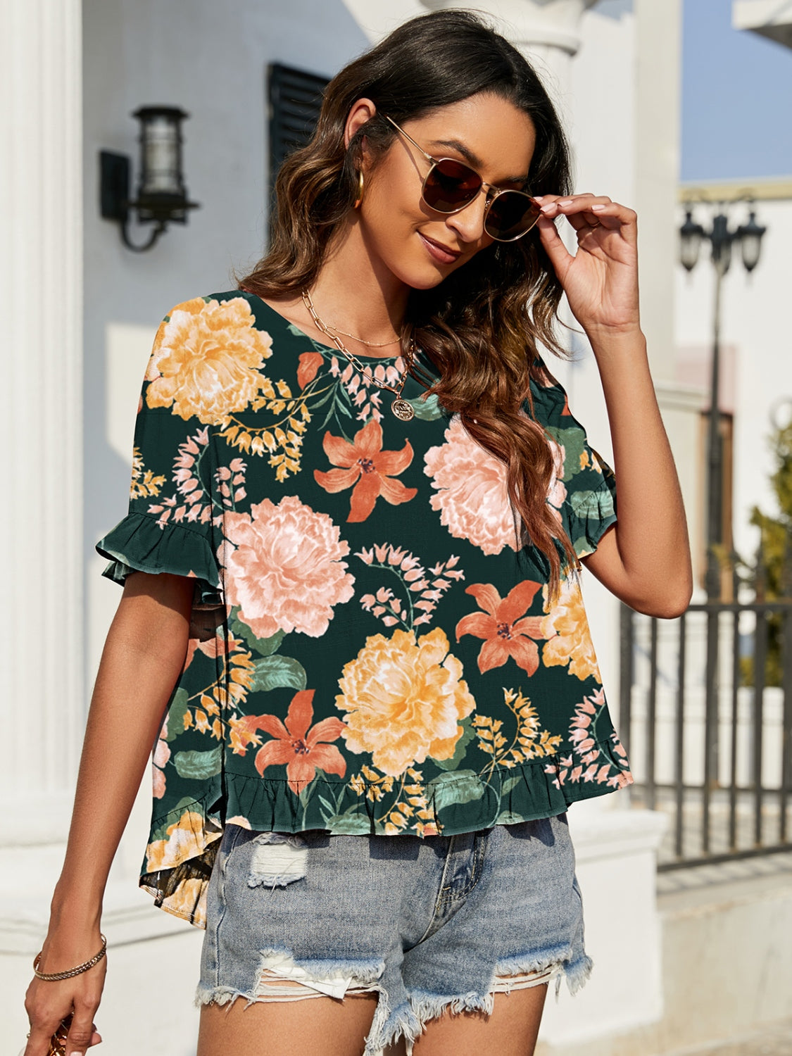 Double Take Floral Ruffled Short Sleeve Blouse - T - 1 COLOR -