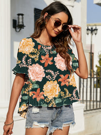 Thumbnail for Double Take Floral Ruffled Short Sleeve Blouse - T - 1 COLOR -