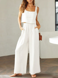 Thumbnail for Square Neck Top and Wide Leg Pants set - 2 PCS. - T - 8 COLORS -