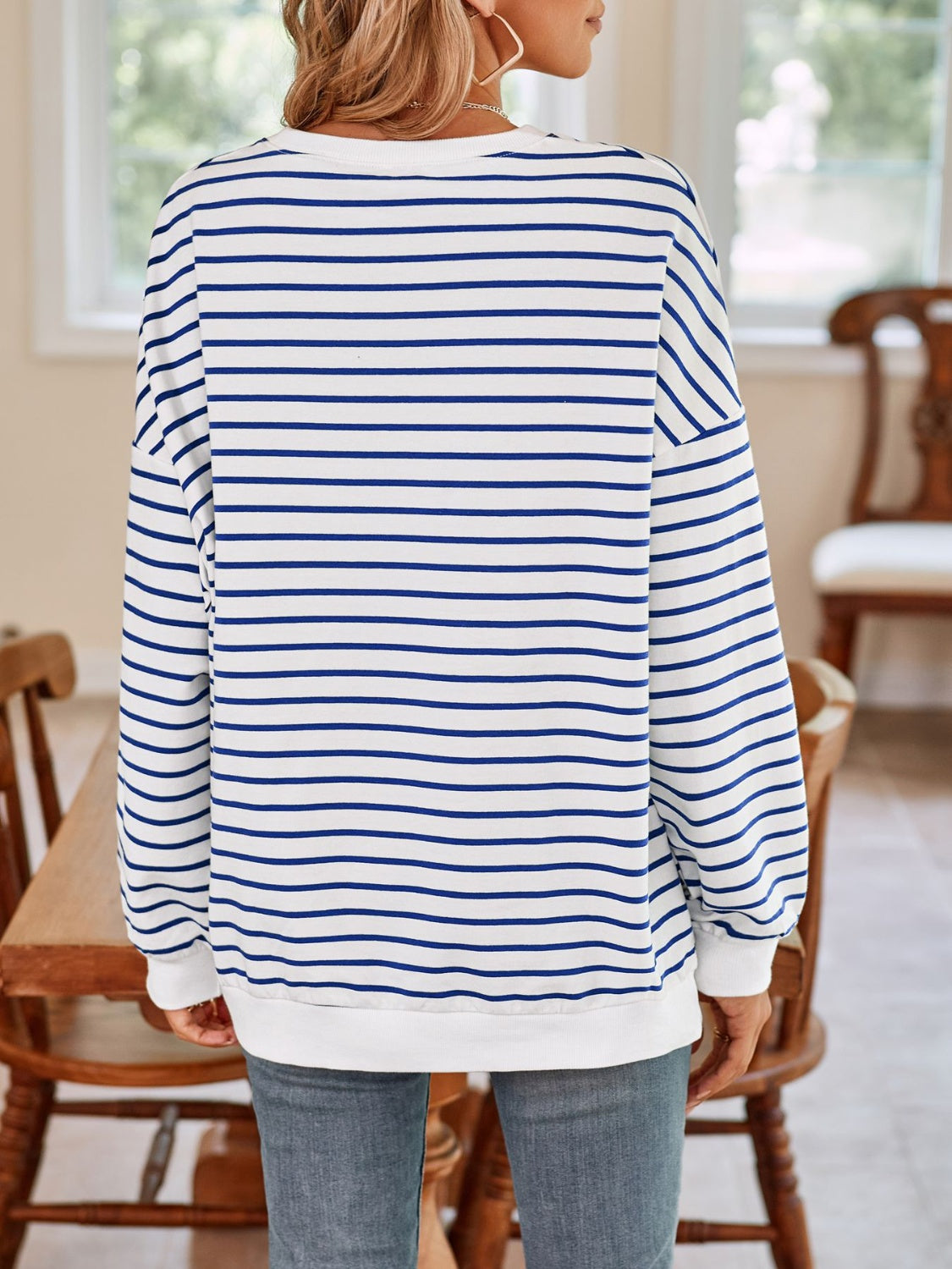 Striped Round Neck Long Sleeve Sweatshirt - T - 6 COLORS -