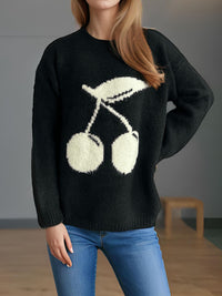 Thumbnail for Cherry Round Neck Long Sleeve Sweater - 1 OVERSIZE - T - 3 COLORS -