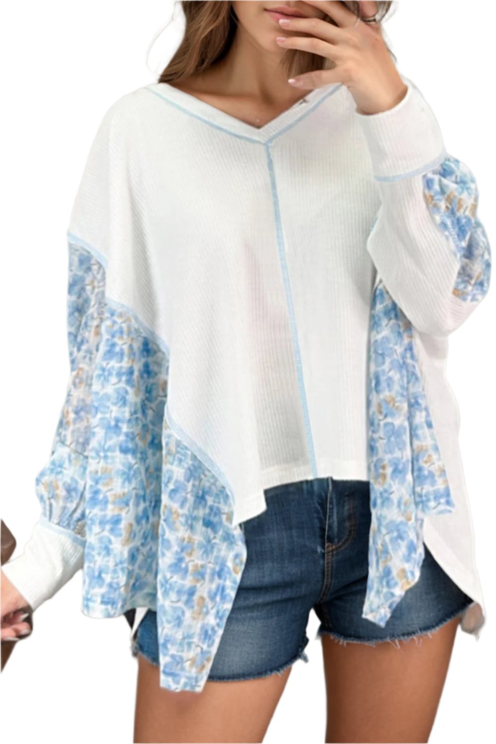 Printed V-Neck Long Sleeve Blouse - T - 1 COLOR -