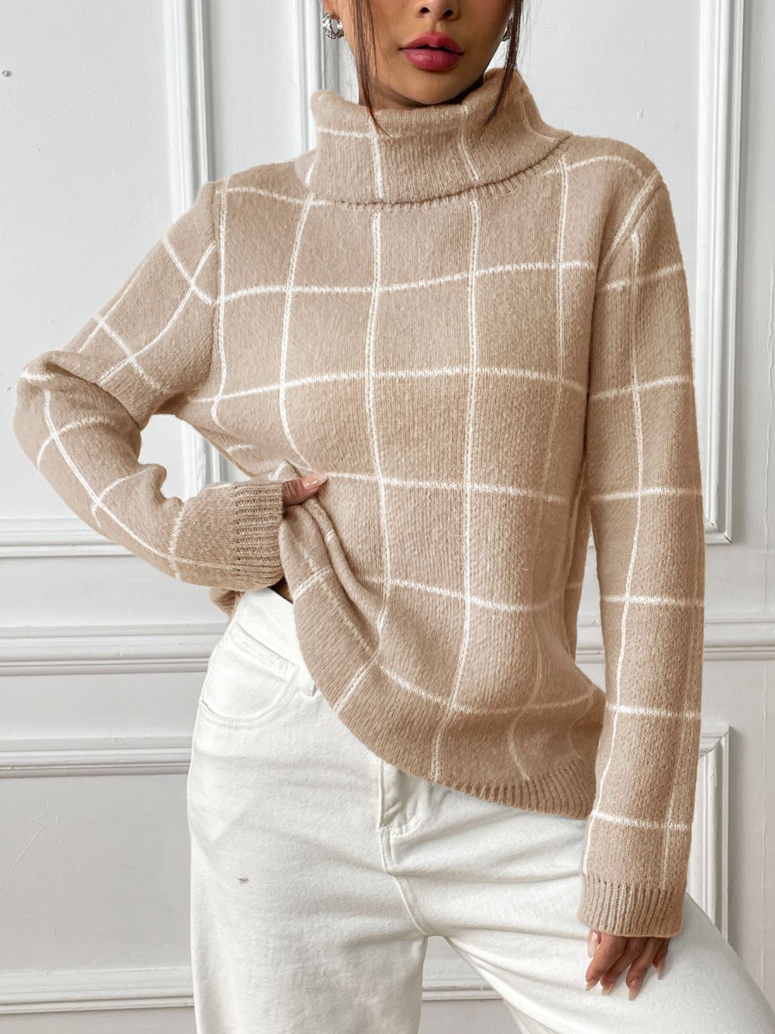 Plaid Turtleneck Long Sleeve Sweater - T - 3 COLORS -