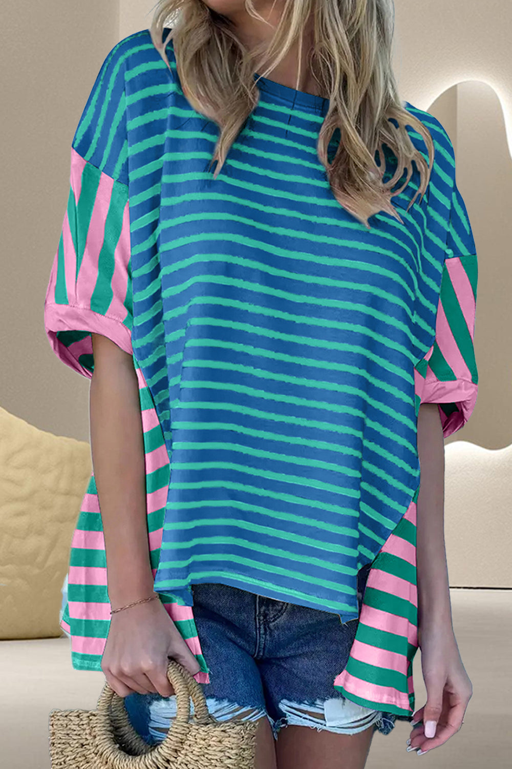 Striped Round Neck Half Sleeve T-Shirt - T - 1 COLOR -