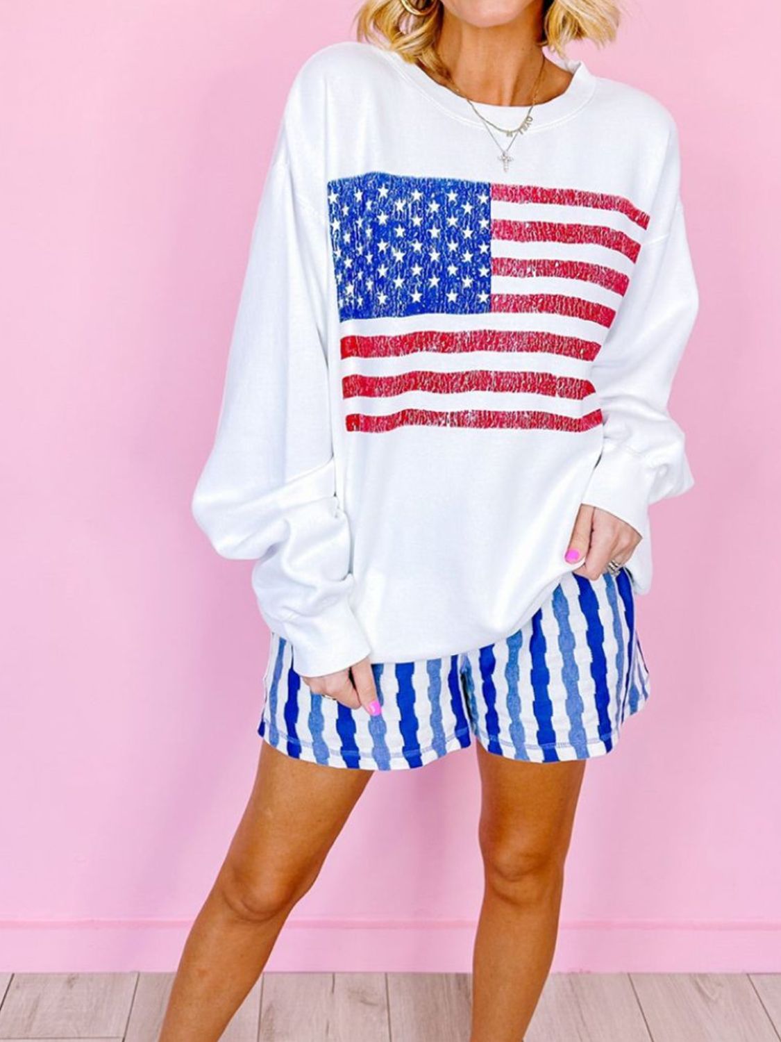 US Flag Round Neck Long Sleeve Sweatshirt - T - 1 COLOR -