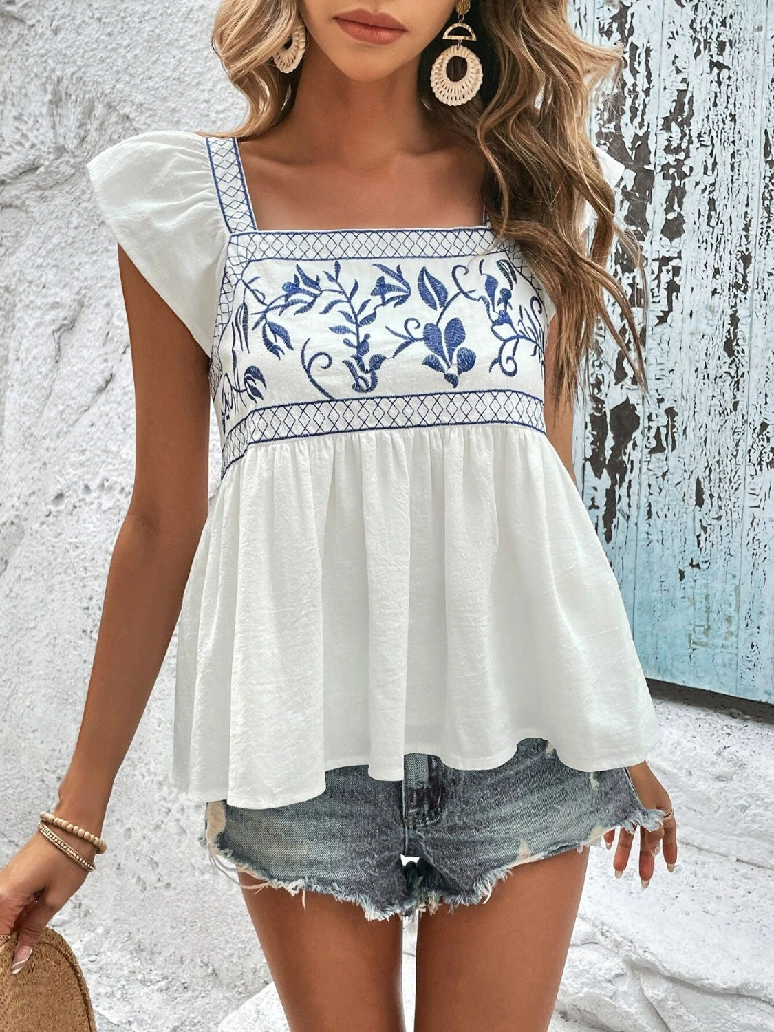 Embroidered Square Neck Cap Sleeve Blouse - T - 1 COLOR -