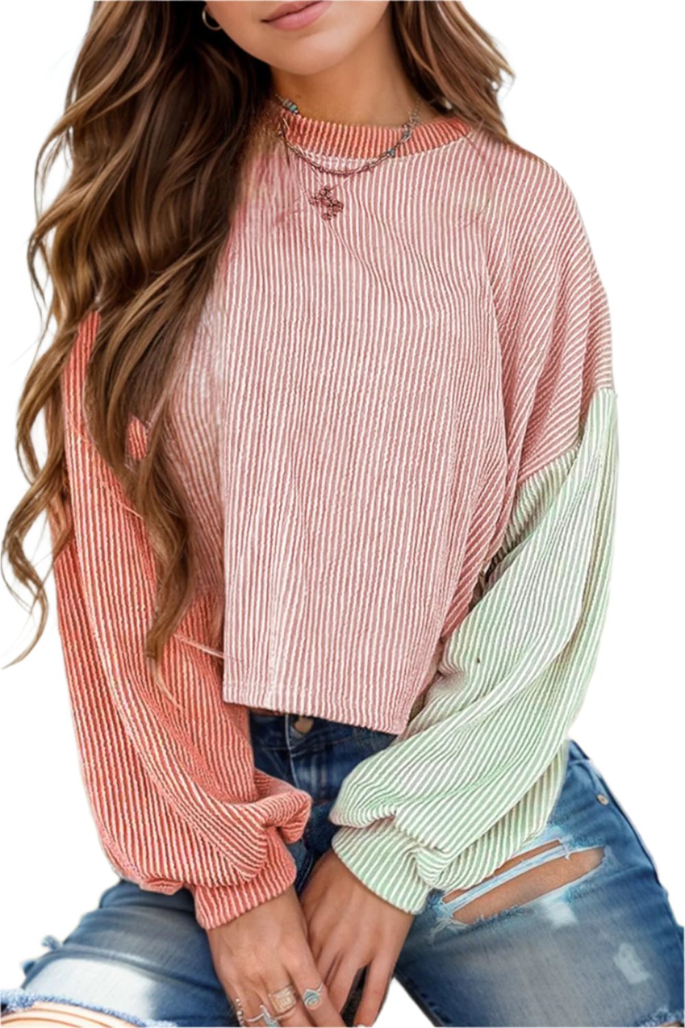 Color Block Round Neck Long Sleeve Top - T - 3 COLORS -