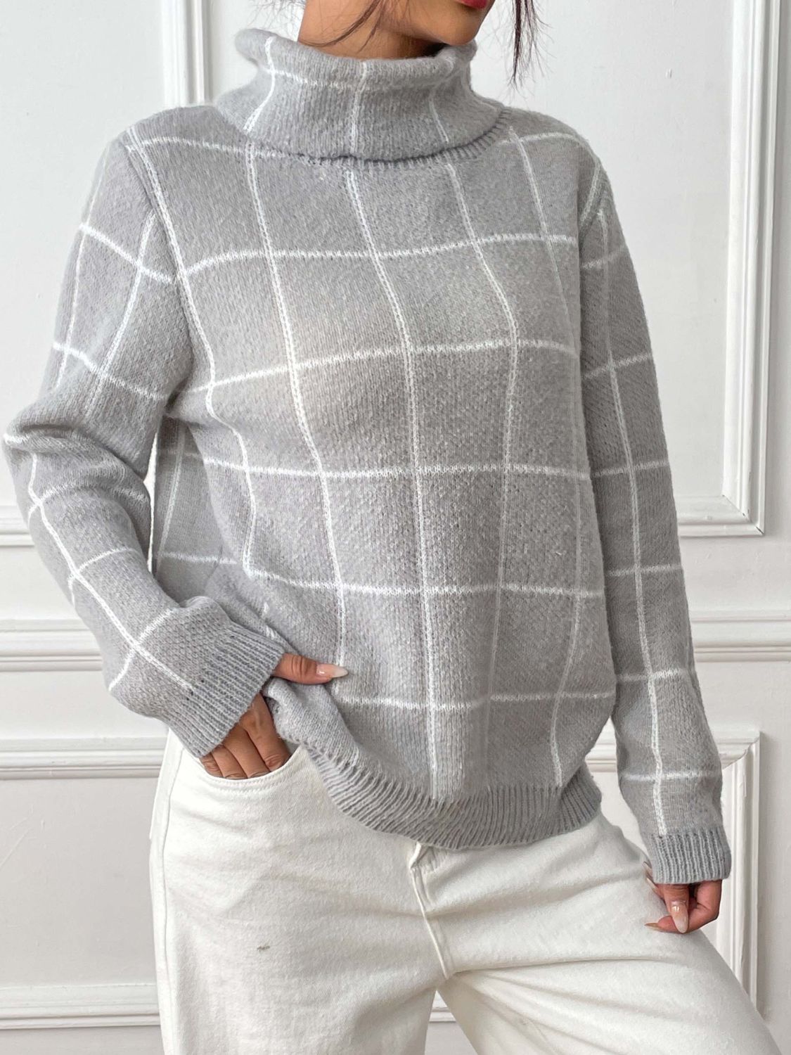 Plaid Turtleneck Long Sleeve Sweater - T - 3 COLORS -