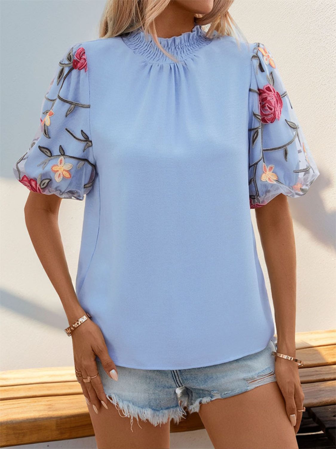 Embroidered Mock Neck Puff Sleeve Blouse - T - 1 COLOR -