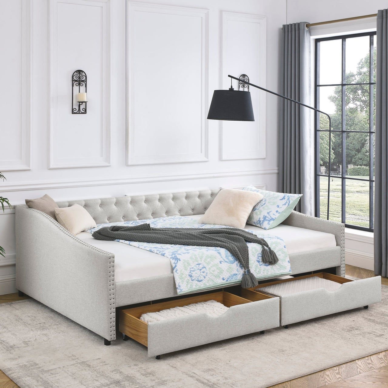 Queen Size Daybed With Drawers Upholstered Tufted Sofa Bed,,with Button on Back and Copper Nail on Waved Shape Arms, Bei