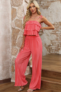 Thumbnail for Layered Tie Shoulder Top and Wide Leg Pants Set - 2 PCS. - T - 1 COLOR -