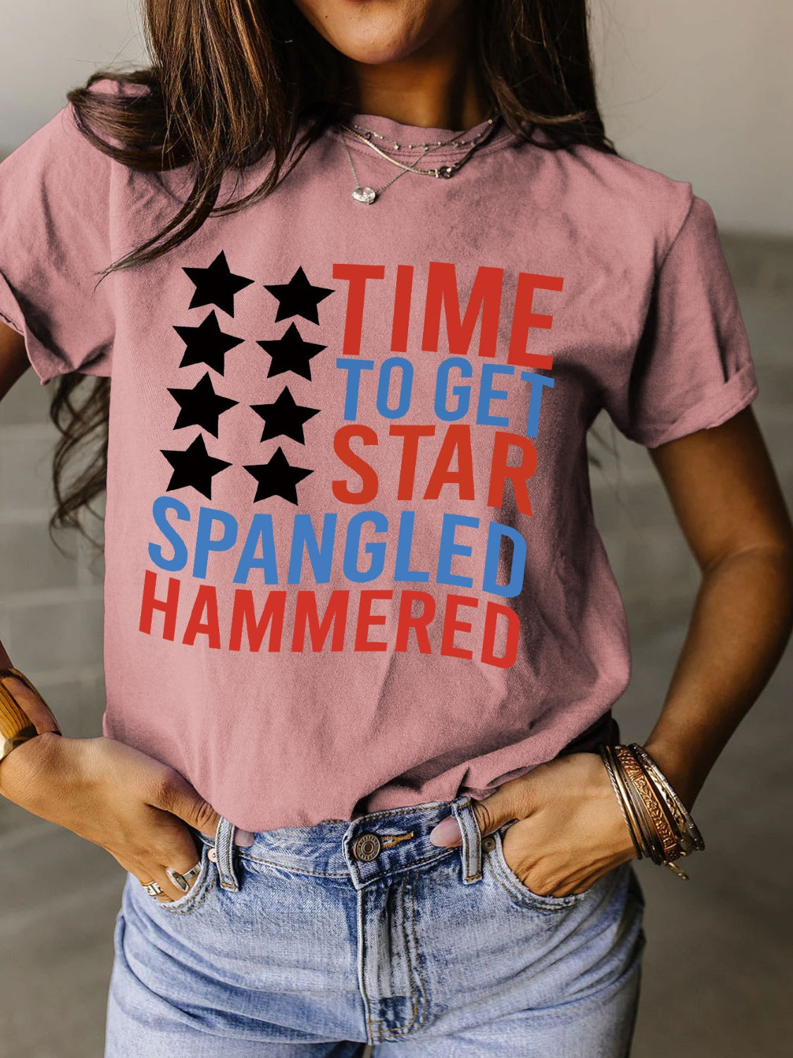 Full Size - 'Time to get Star Spangle Hammered' Letter Graphic Round Neck Short Sleeve T-Shirt - T - 12 COLORS -