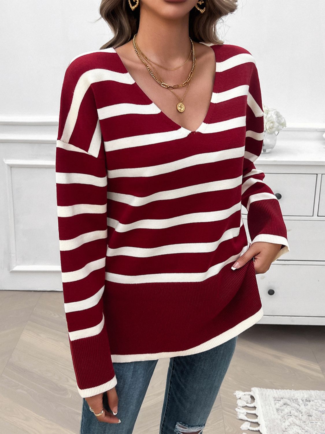 Striped V-Neck Long Sleeve Knit Top - T - 4 COLORS -