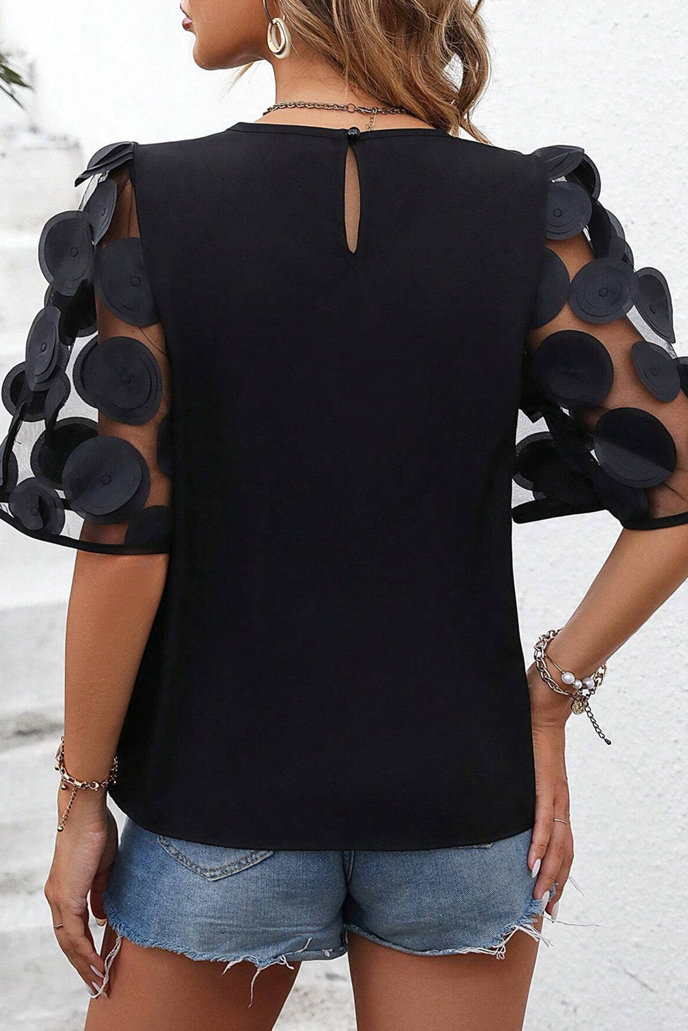 Applique Round Neck Half Sleeve Blouse - M, L, XL ONLY - T - 2 COLORS -