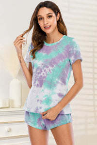 Thumbnail for Tie-Dye Round Neck Short Sleeve Top and Shorts Lounge Set - 2 PCS. - T - 7 COLORS -