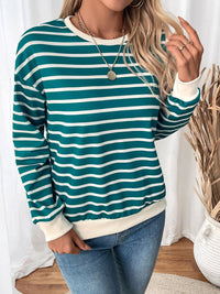 Thumbnail for Perfee Striped Contrast Round Neck Long Sleeve Sweatshirt - T - 1 COLOR -